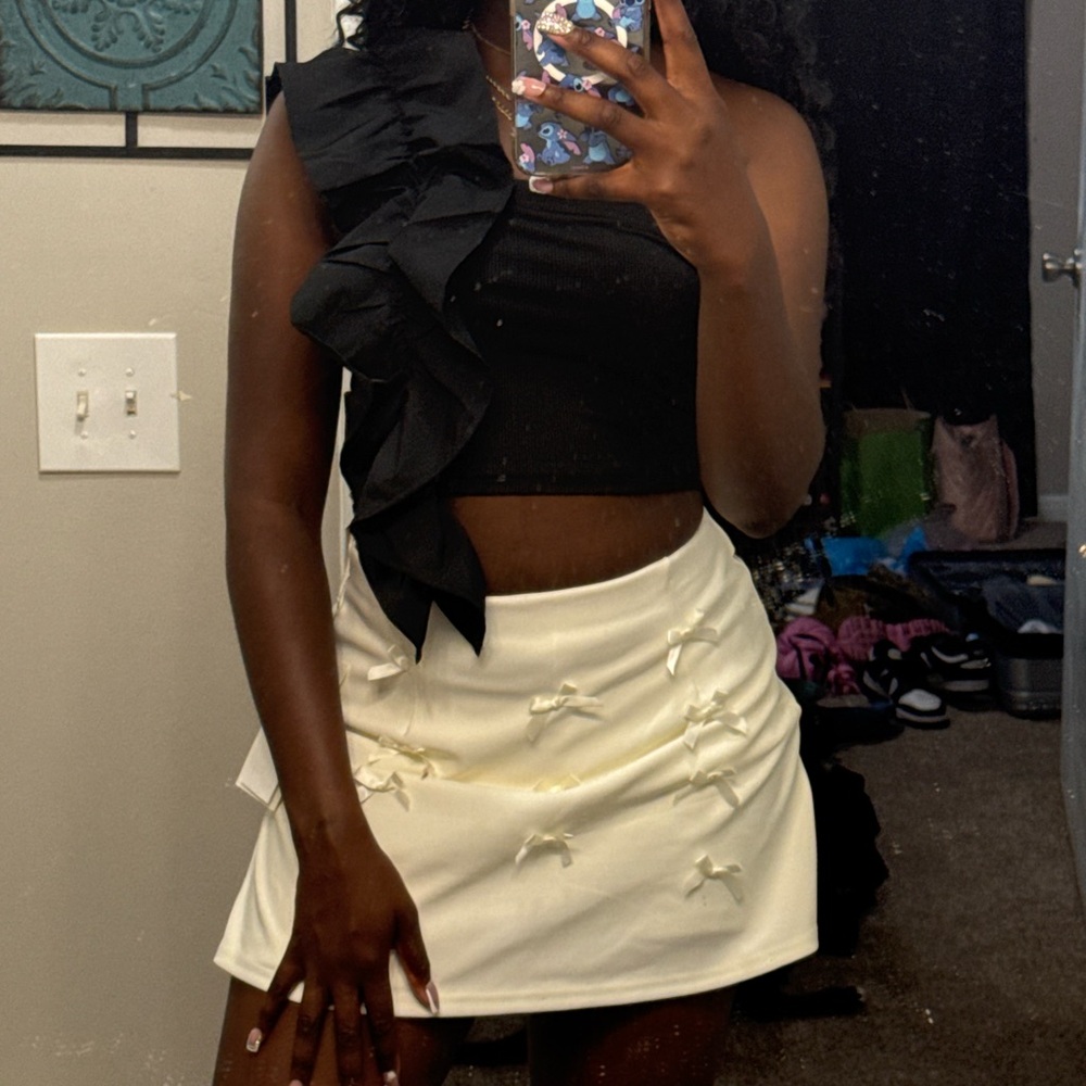 Cream Embellished A-Line Mini Skirt for Night Out
